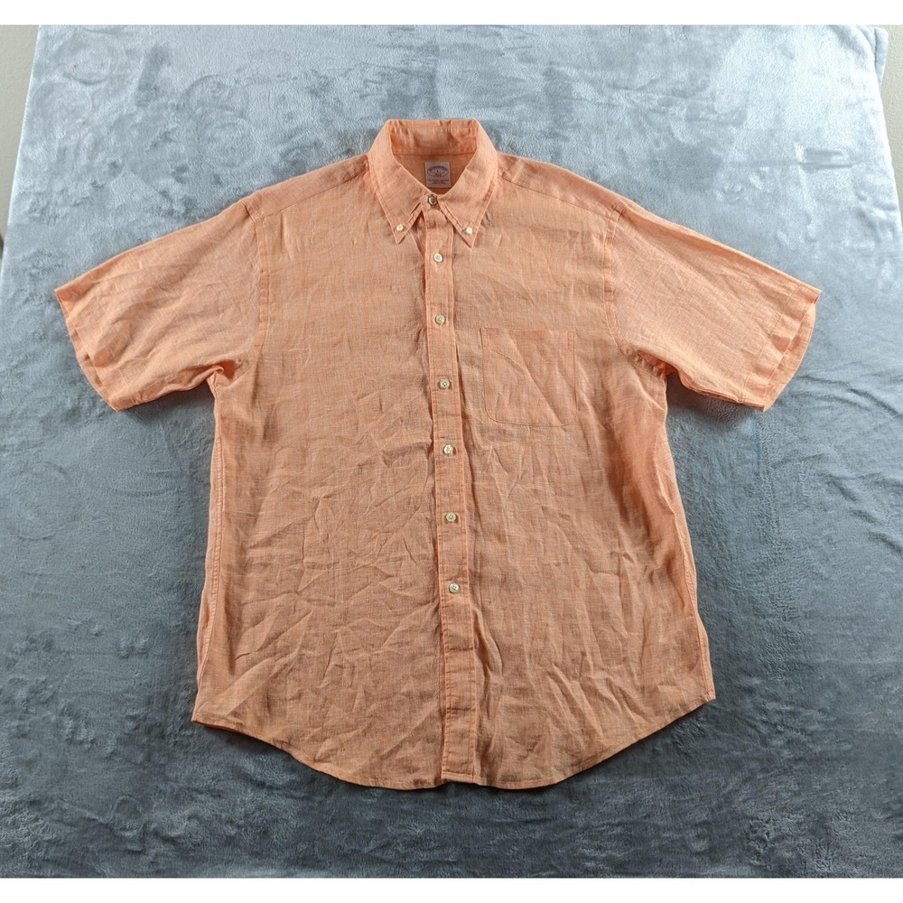 Brooks Brothers Shirt Mens Large Orange Linen Short Sleeve Button Down READ